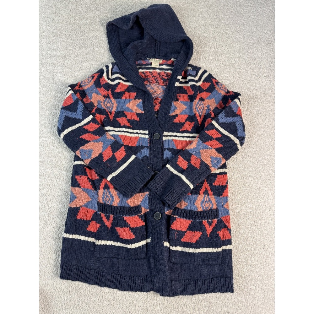 Lucky Brand Sweater Womens Extra Small Navy Hooded Cardigan‎ Aztec Knit Pockets